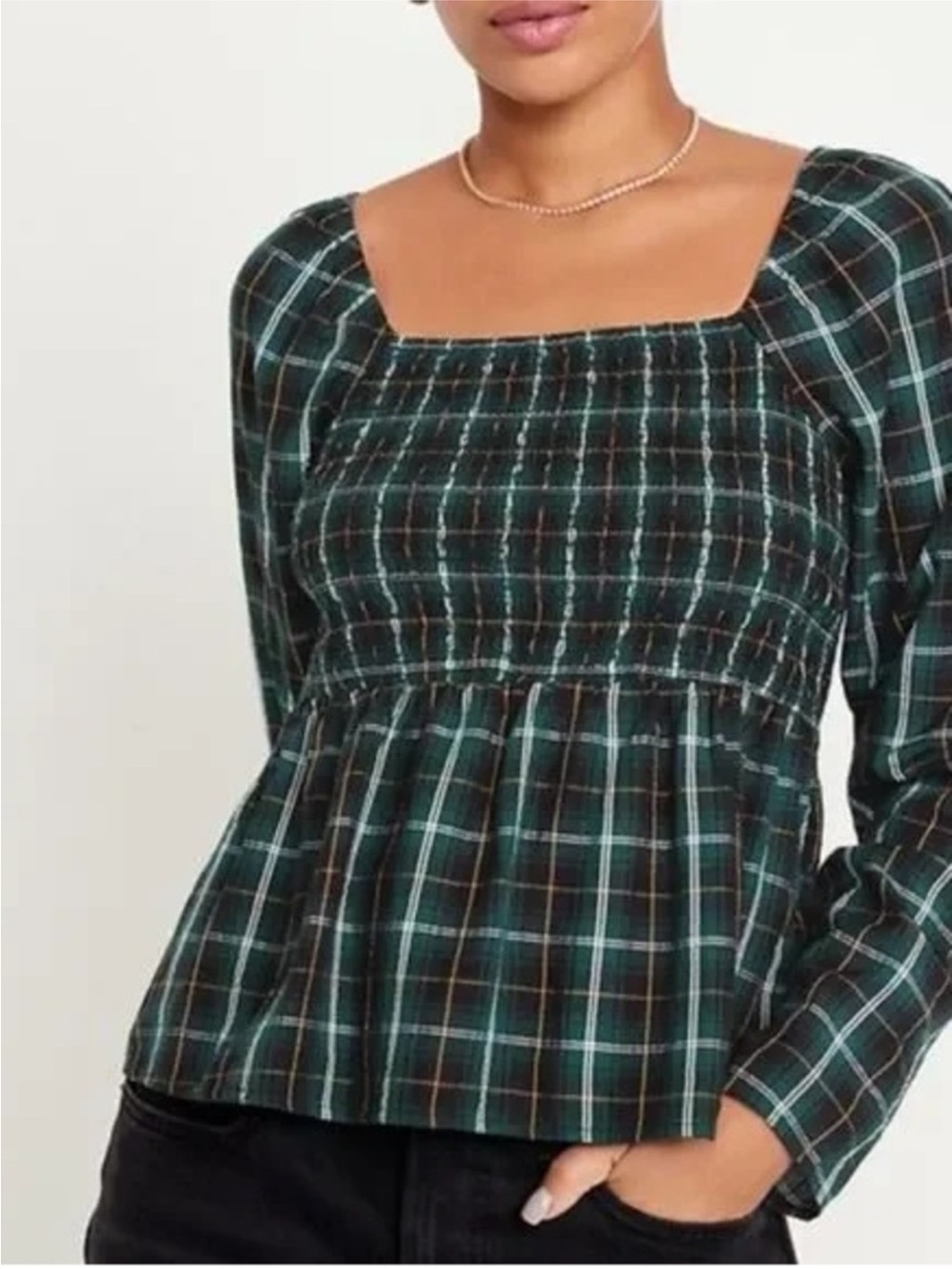 Old navy womens Smocked Plaid Long-Sleeve Peplum Top - Dark Green Plaid